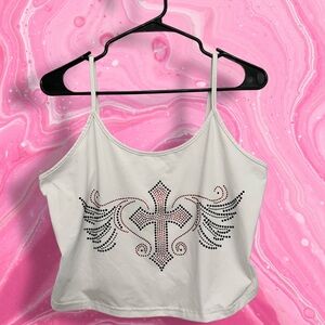 White Rhinestone Cross Wing Cami Tank Top